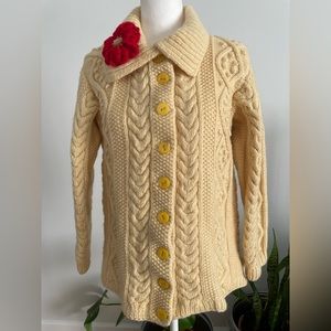 Vintage 60s/70s Hand Knit Cardigan Sweater with Flower Detail